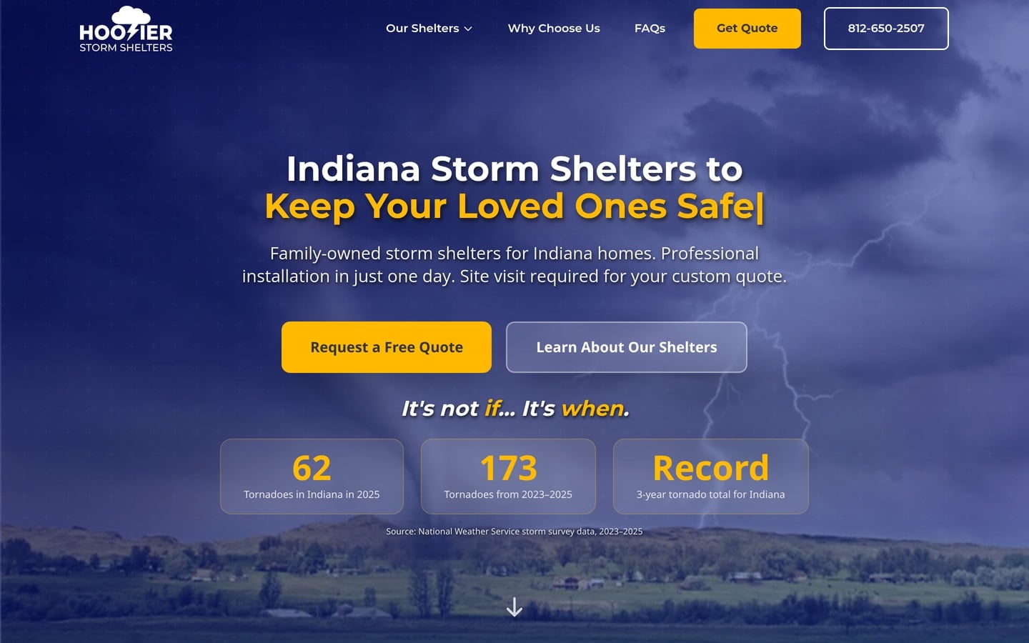 The Hoosier Storm Shelters homepage on a laptop